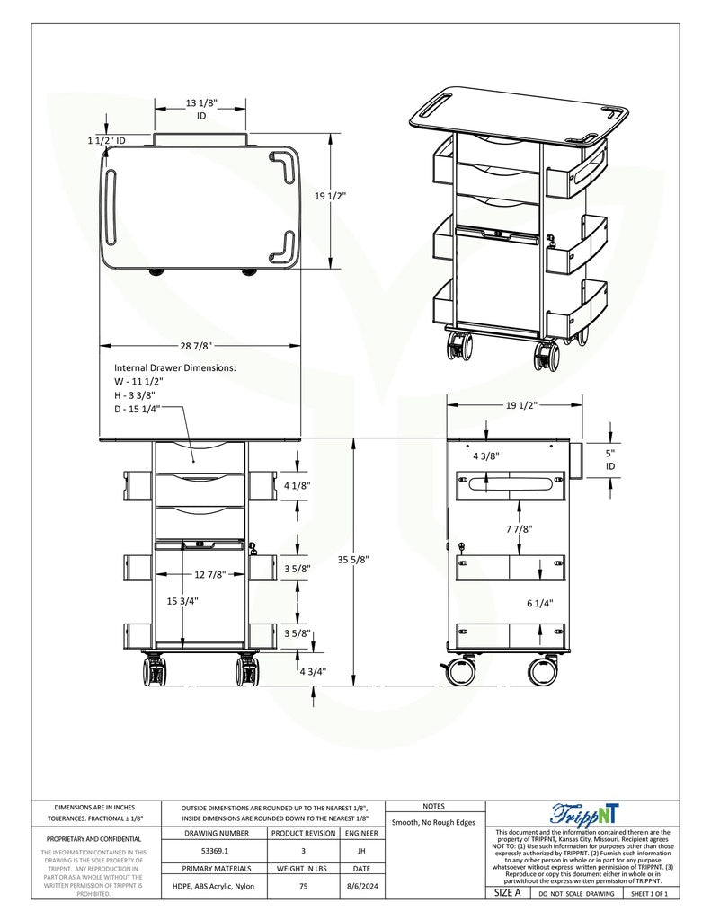 TrippNT 53369 Core DX Extended Top Cart - Engineering Drawing Rev 3 with Full Dimensions