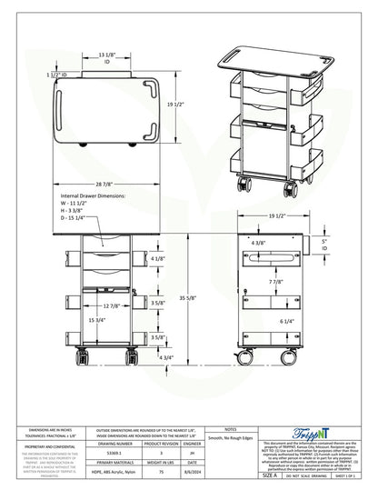 TrippNT 53369 Core DX Extended Top Cart - Engineering Drawing Rev 3 with Full Dimensions