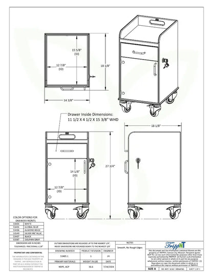 TrippNT 53401 Bedside Cart Global Blue Drawer Engineering Drawing Dimensions
