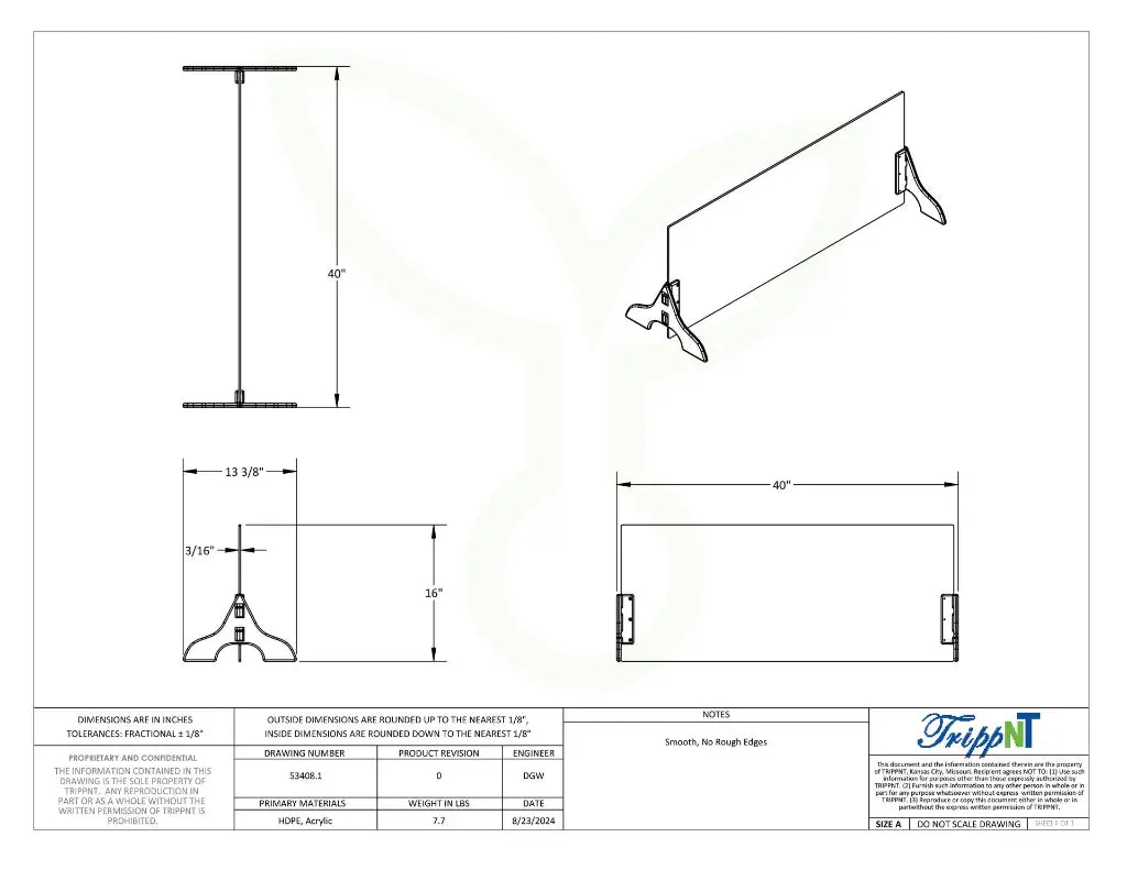 TrippNT 53408 Free Standing Biohazard Shield - Engineering Drawing Rev 0 with Full Dimensions