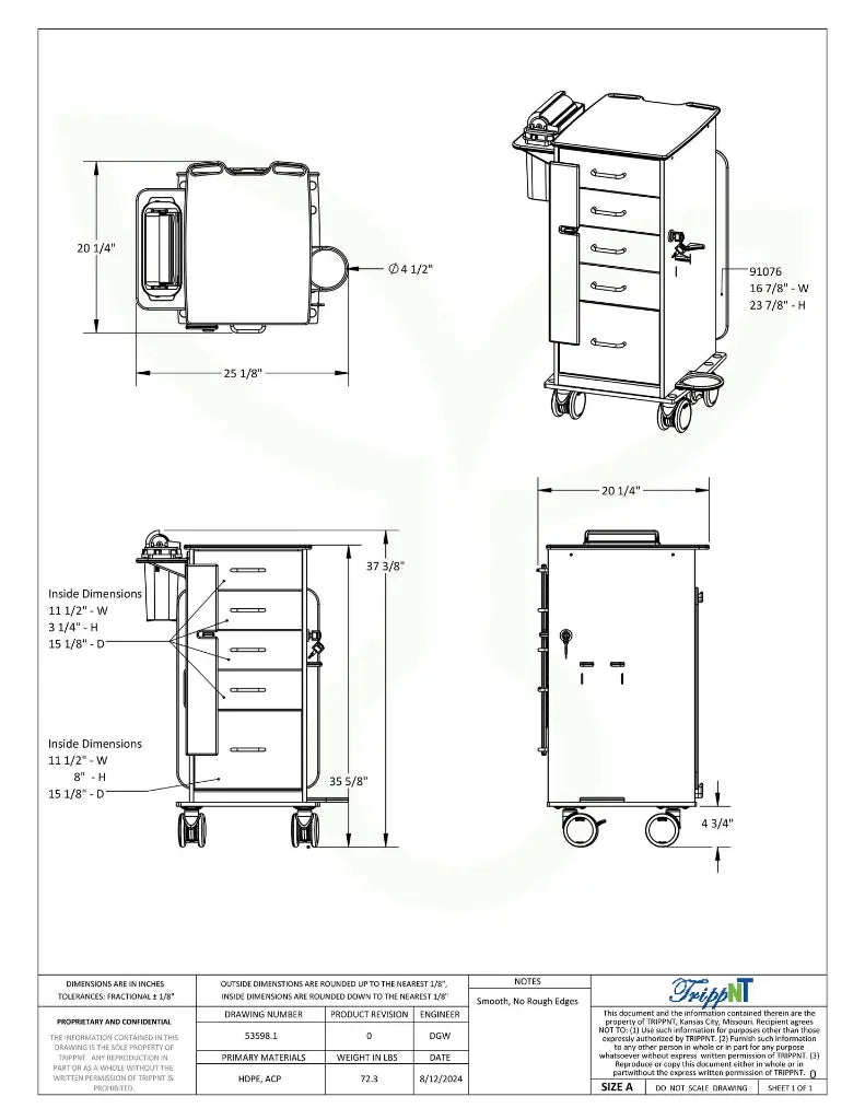TrippNT 53598 — engineering drawing with dimensional callouts (25.125 x 37.375 x 20.25 inches WHD)