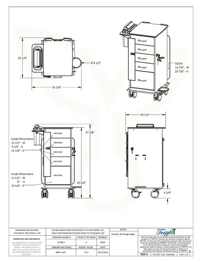 TrippNT 53598 — engineering drawing with dimensional callouts (25.125 x 37.375 x 20.25 inches WHD)