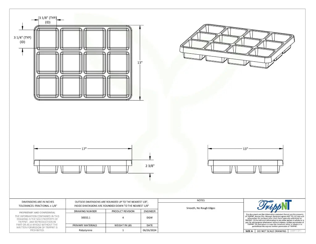 TrippNT 50055 12-Compartment Drawer Organizer Engineering Drawing Dimensions