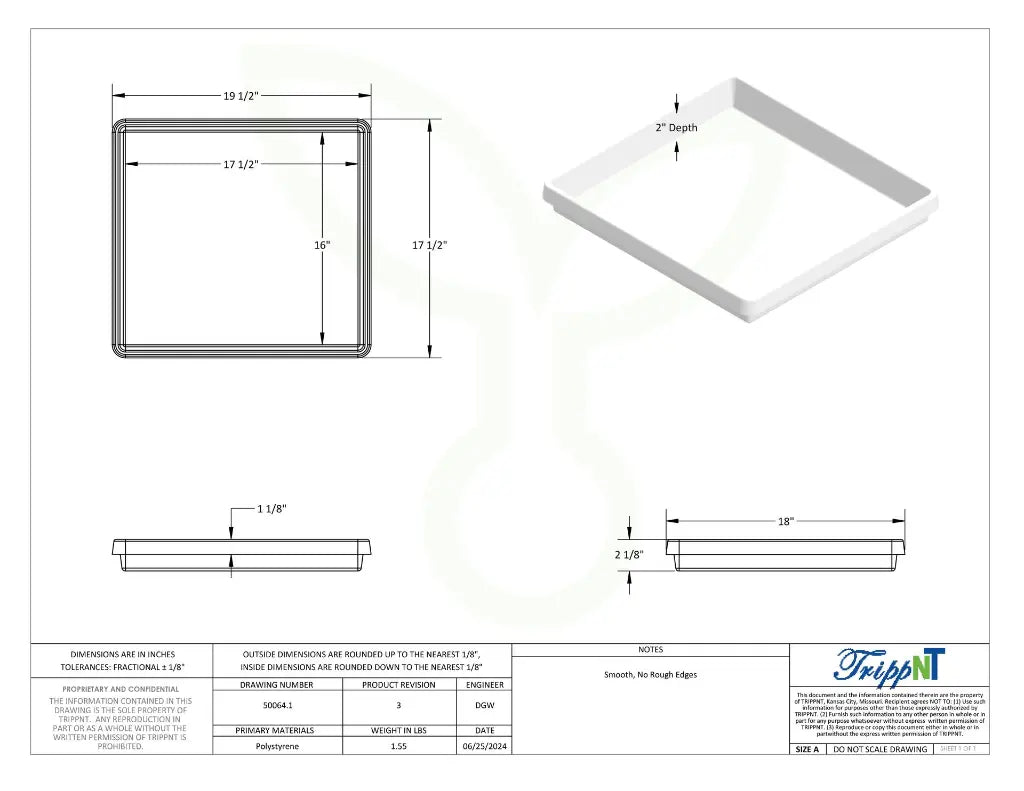 TrippNT 50064 Large Single Compartment Drawer Organizer Engineering Drawing