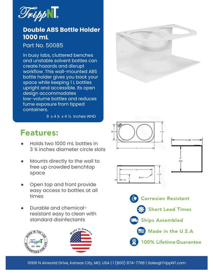 TrippNT 50085 — laboratory in-use view with paired HPLC mobile-phase bottles mounted in fume hood