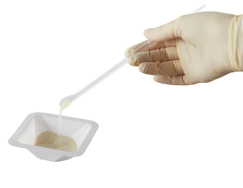 Heathrow Scientific square weighing boat in use, powder transferred with a spatula