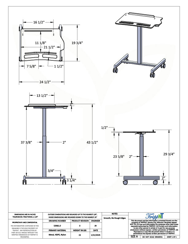 TrippNT 53981 Height Adjustable Cart Maximum Height Extended Position View