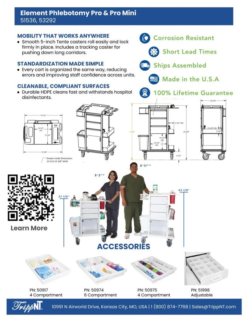 TrippNT 53292 Phlebotomy Pro Mini Cart Phlebotomist Workflow Environment