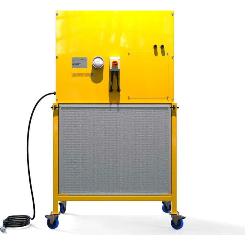Surgically Clean Air ATOMIKAIR industrial air purifier, front elevation showing the full-width washable filter bank