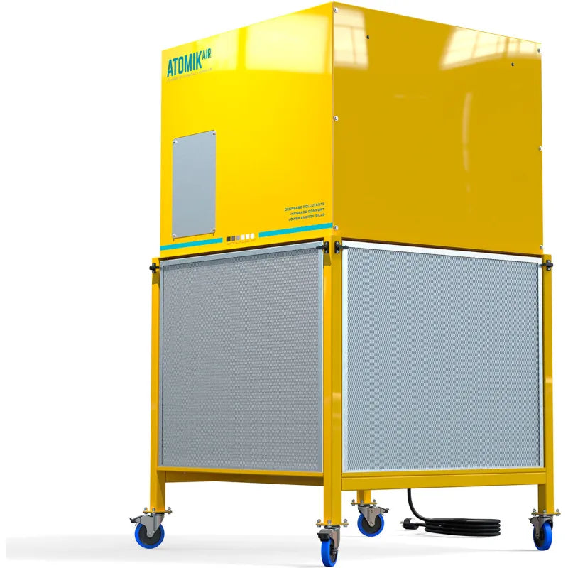 Surgically Clean Air ATOMIKAIR industrial air purifier, angled view showing the washable filter banks on two faces and lockable casters
