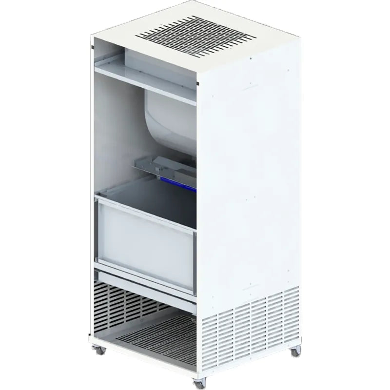 Envirco IsoClean CM interior view showing MERV-8 antimicrobial pre-filter and Koch BioMAX HEPA filter
