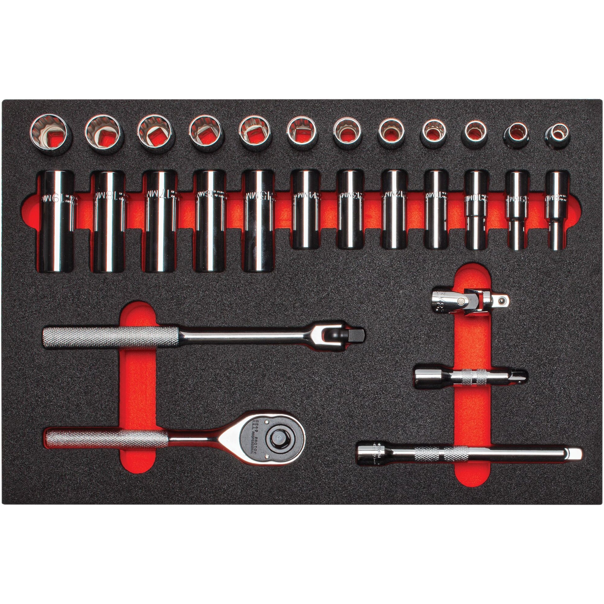Proto 3/8 in. Drive 12-Point Socket Set With Classic Pear Head Ratchet With Foam (29 pc.) J52222K