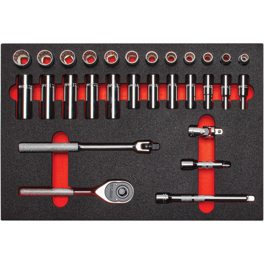 Proto 3/8 in. Drive 12-Point Socket Set With Classic Pear Head Ratchet With Foam (29 pc.) J52222K