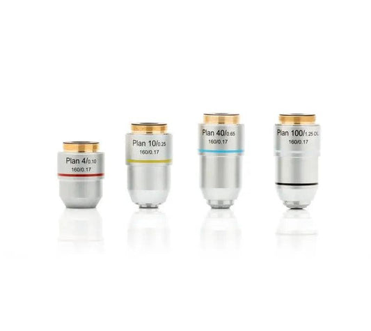 LW Scientific R3O-SET7-DP77 DIN plan objective set — 4x, 10x, 40x and 100x oil, 160/0.17