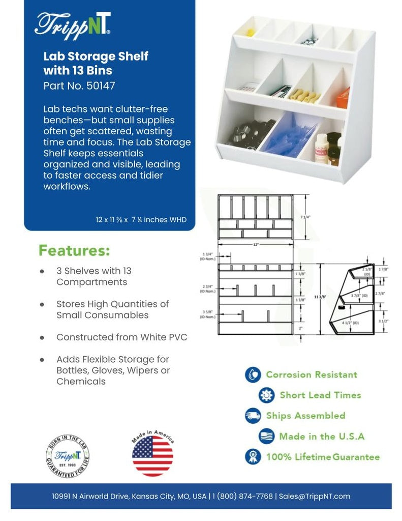 TrippNT 50147 — laboratory in-use view with 13 compartments populated with categorized consumables