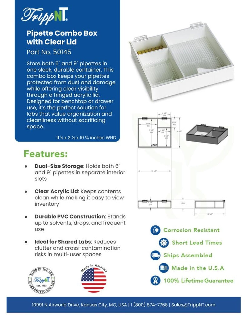 TrippNT 50145 — laboratory in-use view with pipette bulbs organized in 3 compartments on BSC surface