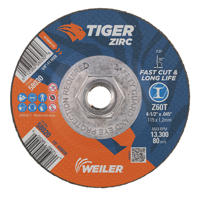 Weiler TIGER ZIRC Type 27 Cutting Wheel Z60T 5/8-11 UNC Nut — Box of 10