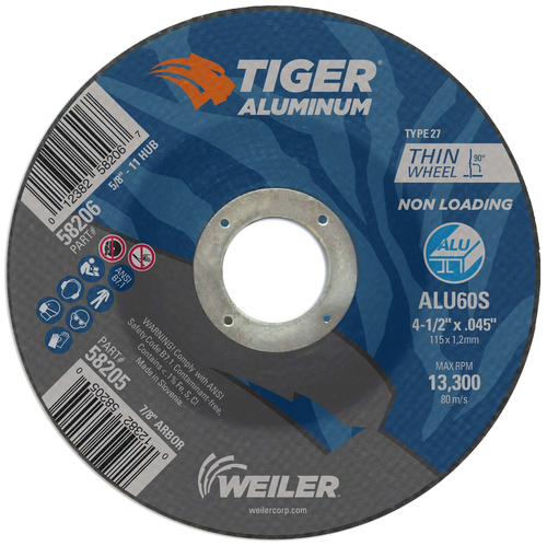 Weiler TIGER ALUMINUM Type 27 Cutting Wheel ALU60S 7/8 A.H. 58205 — Pack of 25