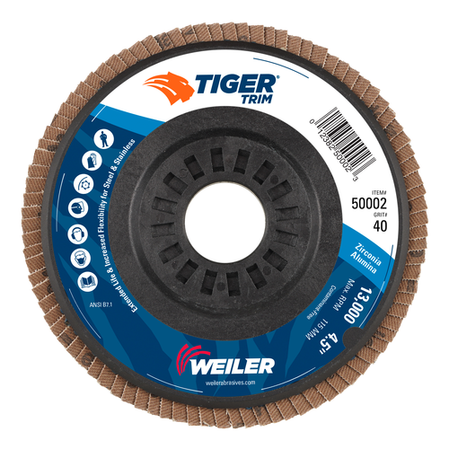 Weiler Tiger Trim Abrasive Flap Disc, Angled (TY29), Trimmable Backing