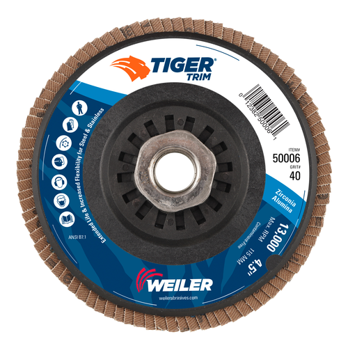 Weiler Tiger Trim Abrasive Flap Disc, Conical (TY29), Trimmable Backing