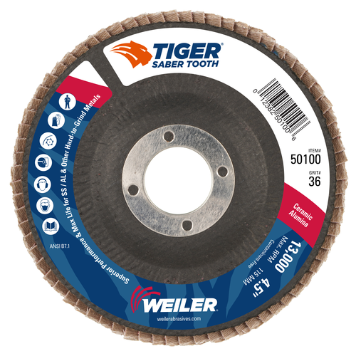 Weiler Tiger Ceramic Abrasive Flap Disc, Conical (TY29), Phenolic Backing