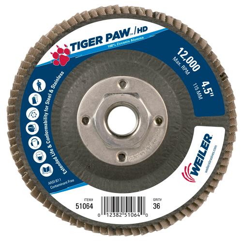 Weiler Tiger Paw Super High Density Flap Disc, Angled (TY29), Phenolic Backing 51064 — Box of 10