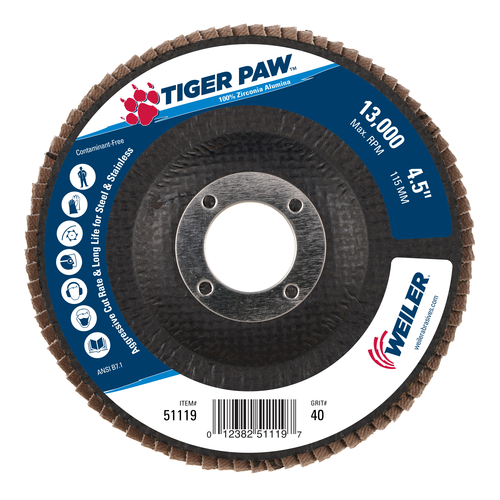 Weiler Tiger Paw Abrasive Flap Disc, Angled (TY29), Phenolic Backing