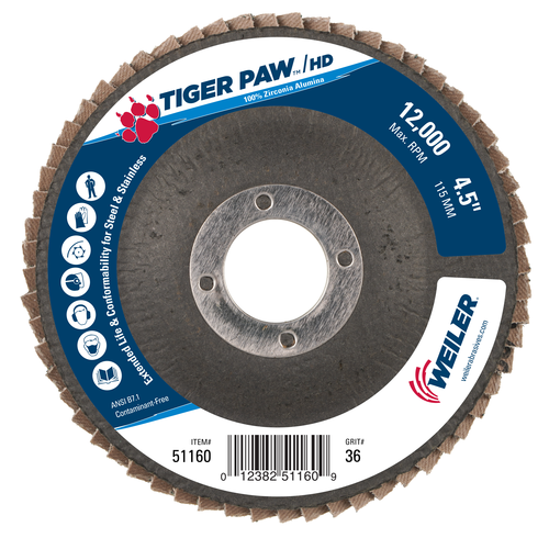 Weiler Tiger Paw Super High Density Flap Disc, Flat (TY27), Phenolic Backing — Pack of 10