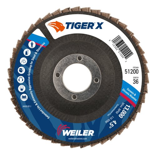 Weiler Tiger X Flap Disc, Conical (TY29), Phenolic Backing — Pack of 10