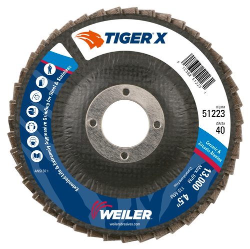 Weiler Tiger X Flap Disc, Flat (TY27), Phenolic Backing — Pack of 10