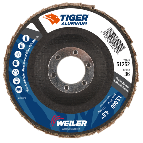 Weiler Tiger Aluminum Flap Disc, Flat (TY27), Phenolic Backing 51252 — Box of 10