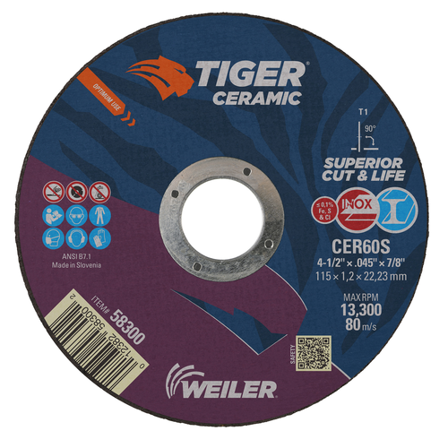 Weiler TIGER CERAMIC Type 1 Cut-Off Wheel CER60S 7/8 A.H. — Box of 25
