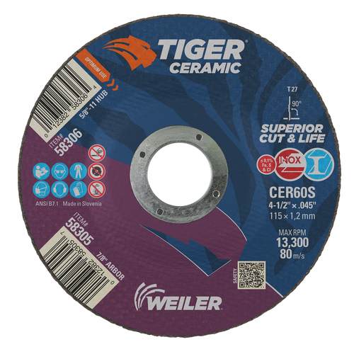 Weiler TIGER CERAMIC Type 27 Cutting Wheel CER60S 7/8 A.H. — Box of 25