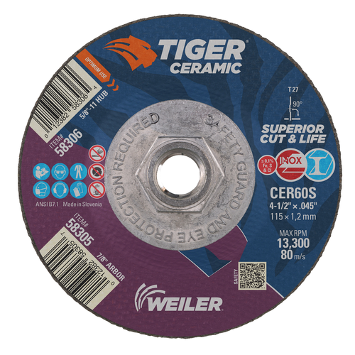 Weiler TIGER CERAMIC Type 27 Cutting Wheel CER60S 5/8-11 Nut — Box of 10