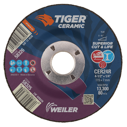 Weiler TIGER CERAMIC Type 27 Grinding Wheel CER24R 7/8 A.H. 58325 — Box of 10