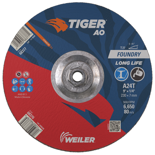 Weiler TIGER AO Type 27 Grinding Wheel A24T 5/8-11 Nut 68377 — Box of 10