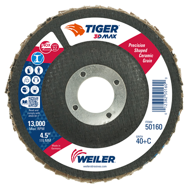 Weiler Tiger 3D MAX Abrasive Flap Disc, Conical (TY29), Phenolic Backing — Box of 10