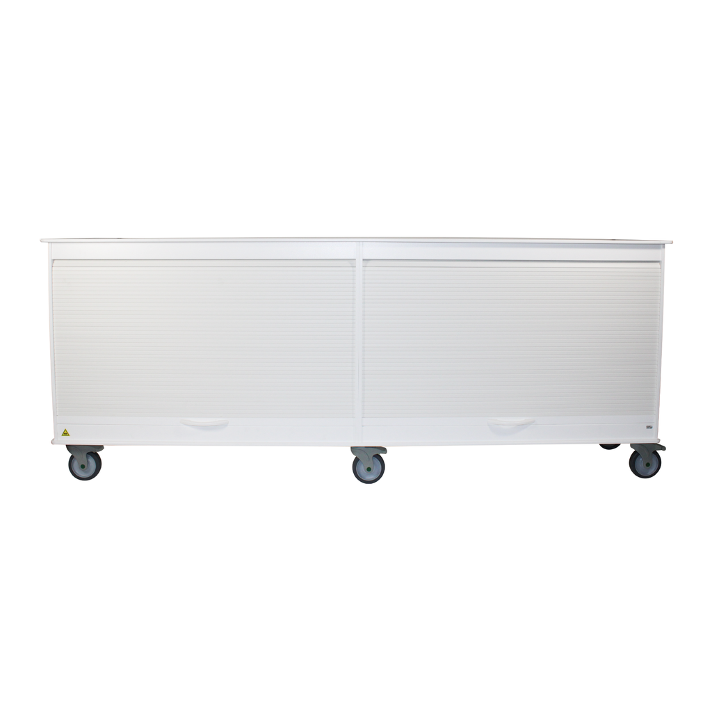 TrippNT 50734 — angled view showing full 94-inch span with HDPE hasp locks on both tambour doors