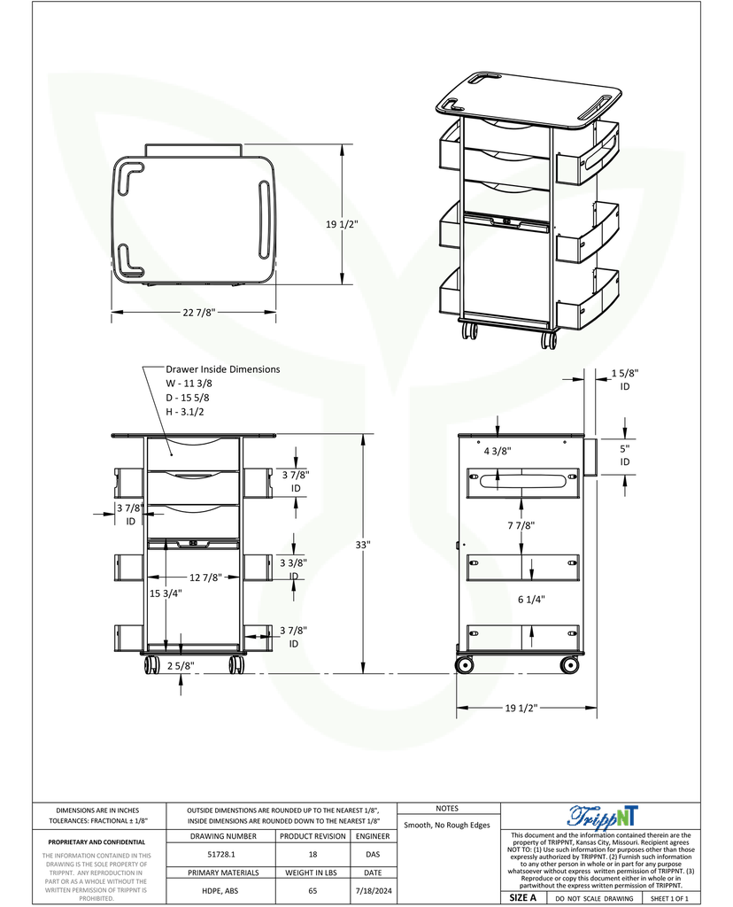 TrippNT 51728 MRI Core DX Cart Engineering Line Drawing Dimensions