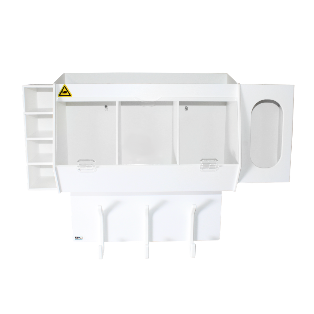 TrippNT 53984 — full front view showing 3 bins with clear acrylic hinged doors and glove holder position