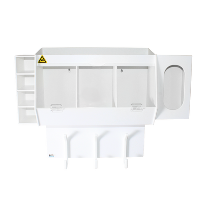 TrippNT 53984 — full front view showing 3 bins with clear acrylic hinged doors and glove holder position