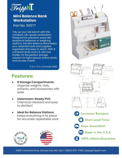 TrippNT 50077 — laboratory in-use view loaded with weighing supplies adjacent to analytical balance