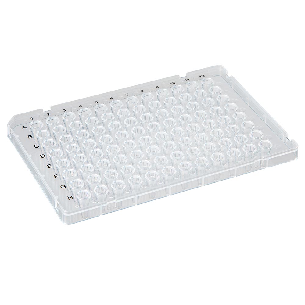 0.1 mL 96-Well PCR Plates, Low-Profile FAST Half-Skirt, Ridged Rim, Clear — 50/Case | Globe Scientific