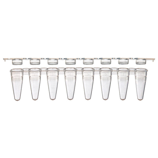 0.1 mL PCR 8-Strip Tubes, Low Profile, Natural PP — with Separate Clear Flat 8-Strip Caps, 120 Strips/Pack | Globe Scientific