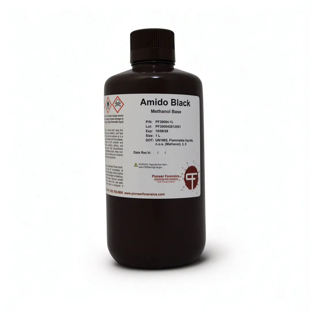 Pioneer Forensics Amido Black Methanol Base PF30004 1L amber poly bottle — methanol-based ready-to-use protein stain