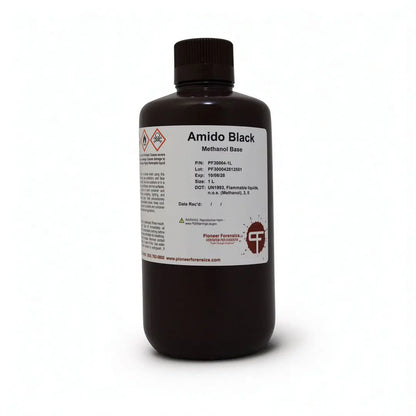 Pioneer Forensics Amido Black Methanol Base PF30004 1L amber poly bottle — methanol-based ready-to-use protein stain