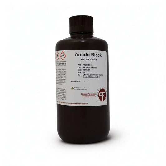 Pioneer Forensics Amido Black Methanol Base PF30004 1L amber poly bottle — methanol-based ready-to-use protein stain