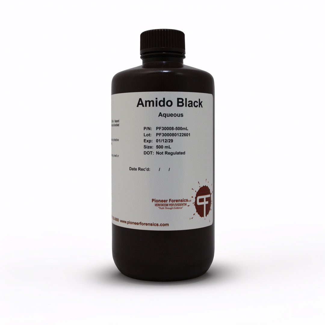 Pioneer Forensics Amido Black Aqueous PF30008 500mL poly bottle — water-based ready-to-use protein stain