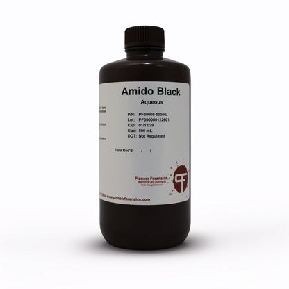 Pioneer Forensics Amido Black Aqueous PF30008 500mL poly bottle — water-based ready-to-use protein stain