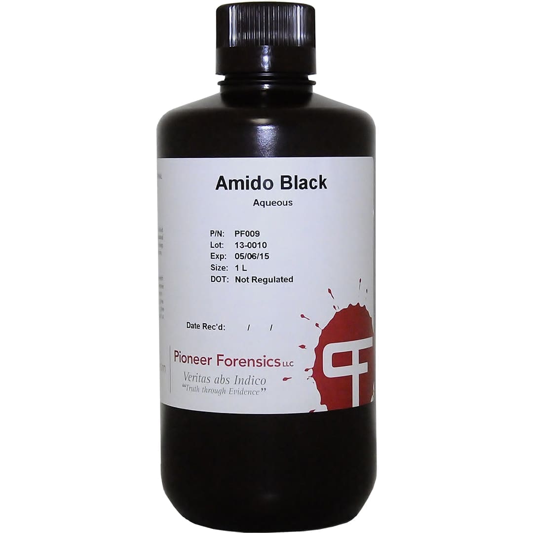 Pioneer Forensics Amido Black Methanol Base — ready-to-use blue-black protein stain for blood-contaminated latent prints